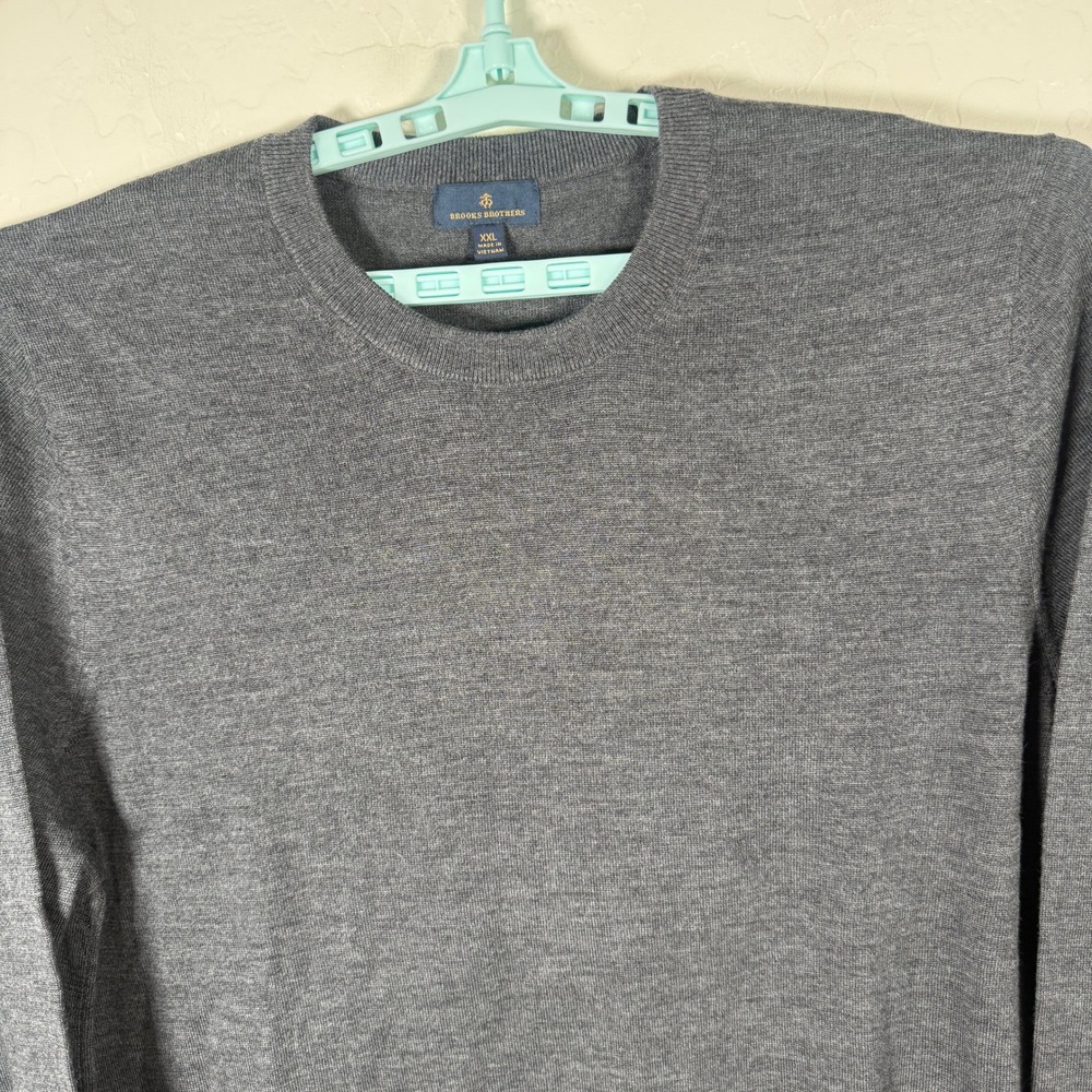 Brooks Brothers Sweater Mens 2XL Gray Merino Wool Crew Neck Pullover Classic